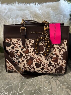 NWT Betsey Johnson Brown and Cream Cowhide-Print Satchel with Studded Charm